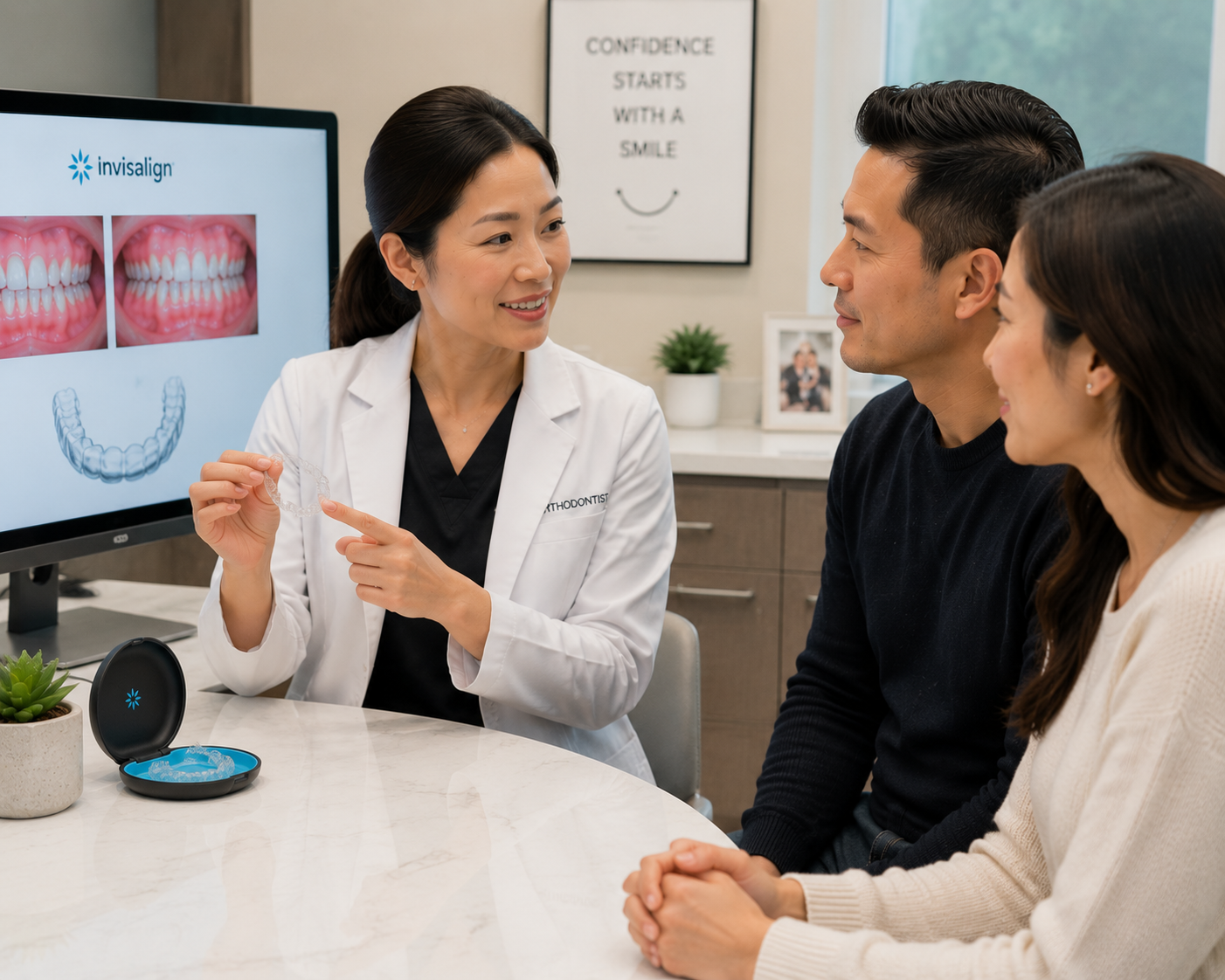 Clear Invisalign aligner tray held up, showing the transparent custom-fitted design used in orthodontic treatment