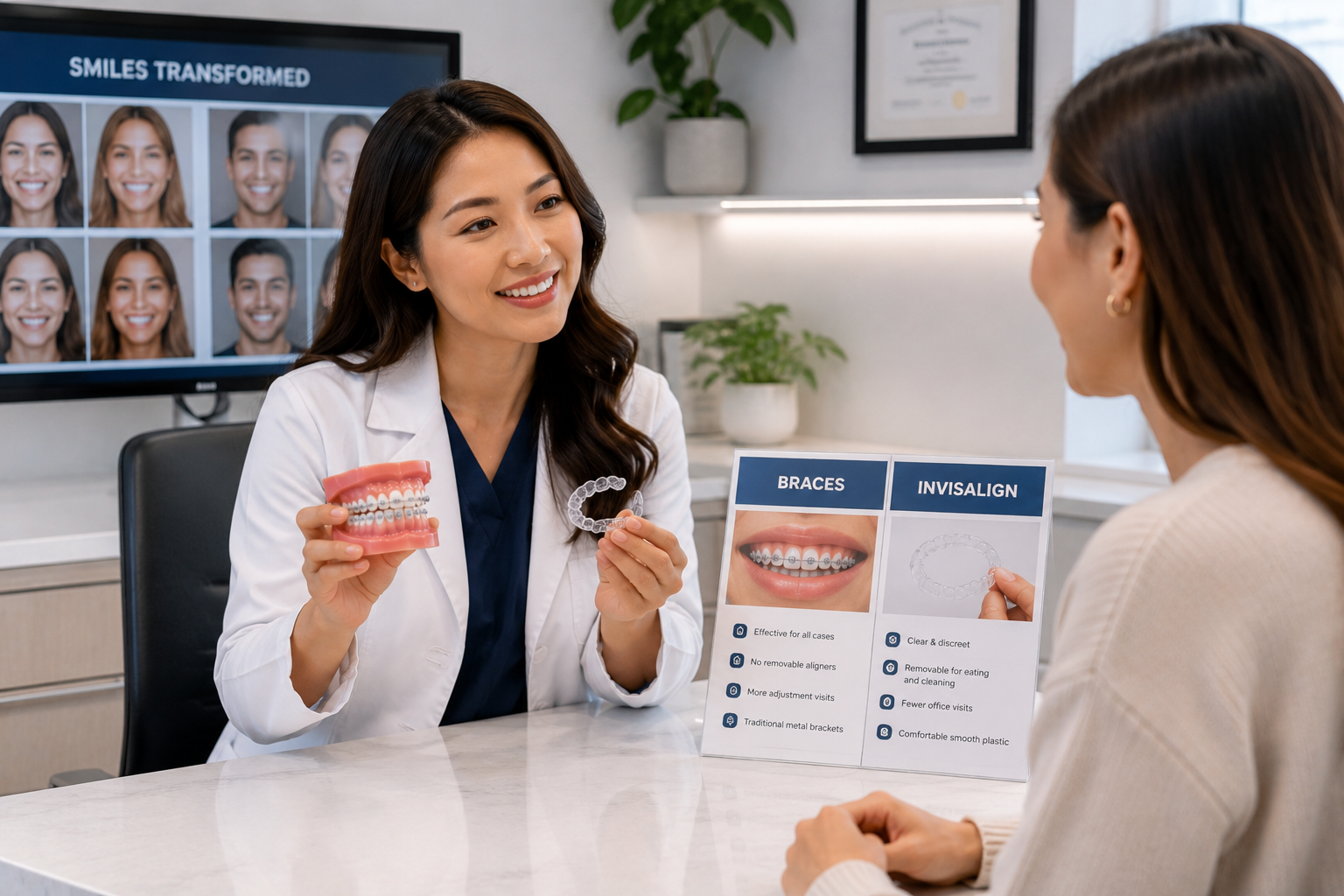 Orthodontist explaining braces and Invisalign options to a patient during a consultation