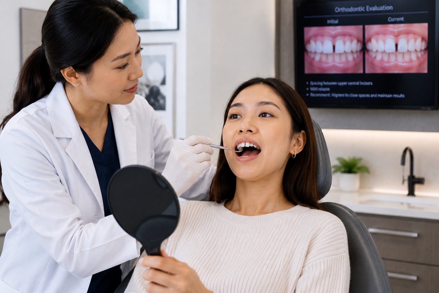 Orthodontist examining a patient's smile in the chair, with an Orthodontic Evaluation screen comparing initial and current spacing between the upper central incisors